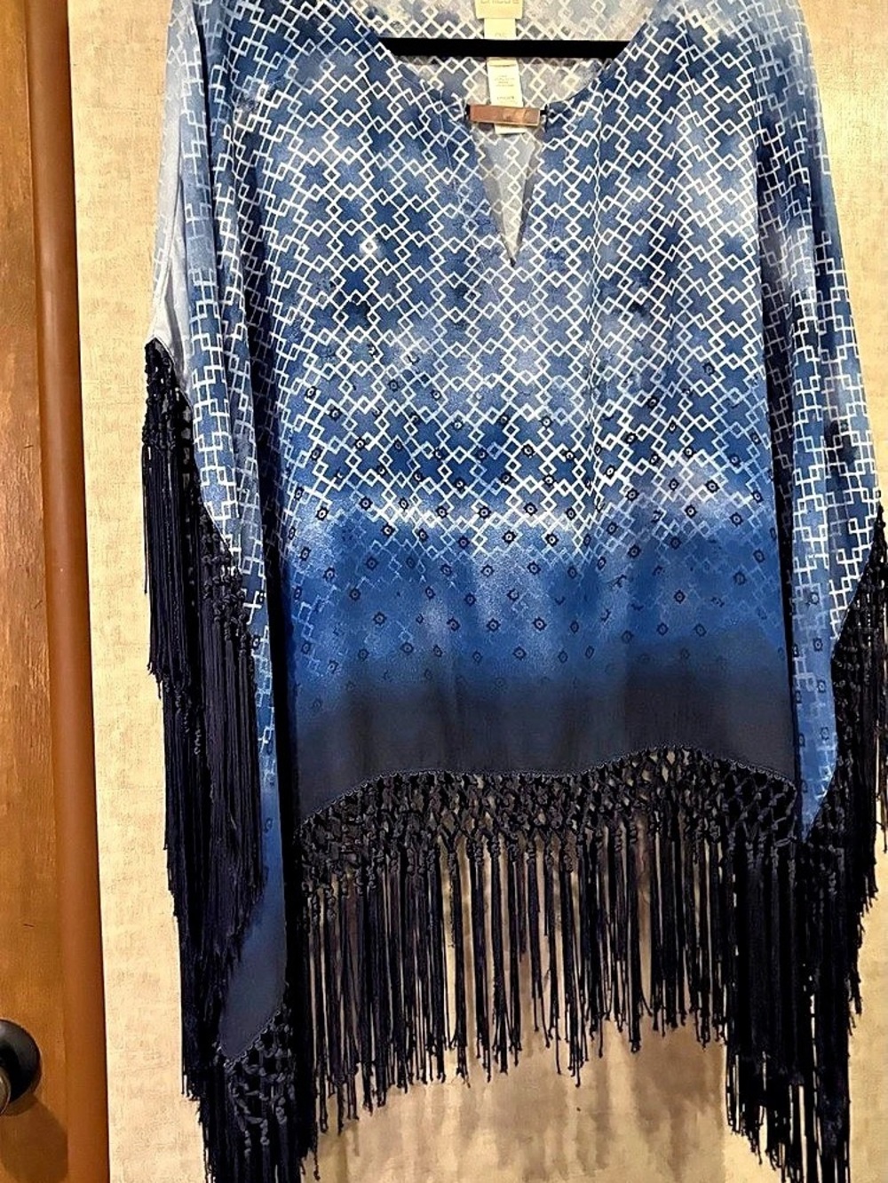 Chico's Midsummer Night Poncho Blue Geometric Fringe